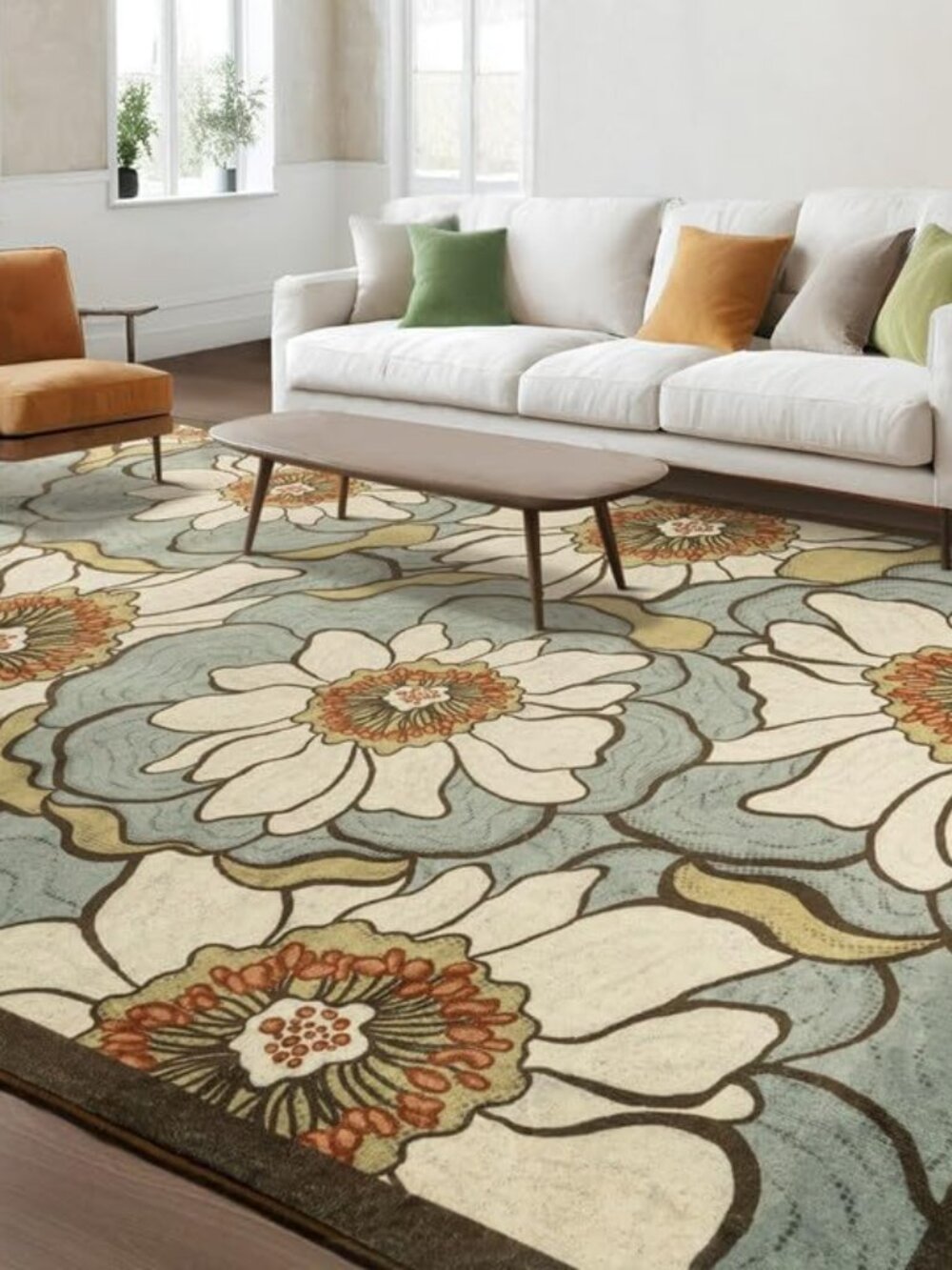 Boho Floral Area Rug 5x8 Green Washable Living Room Rug Low Pile Non-Slip Large